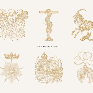 Gold vintage occult illustrations featuring mythical goats, crowned stars, and celestial linework in ornate style.