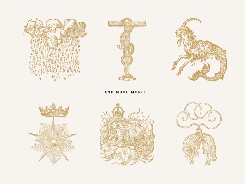 Gold vintage occult illustrations featuring mythical goats, crowned stars, and celestial linework in ornate style.
