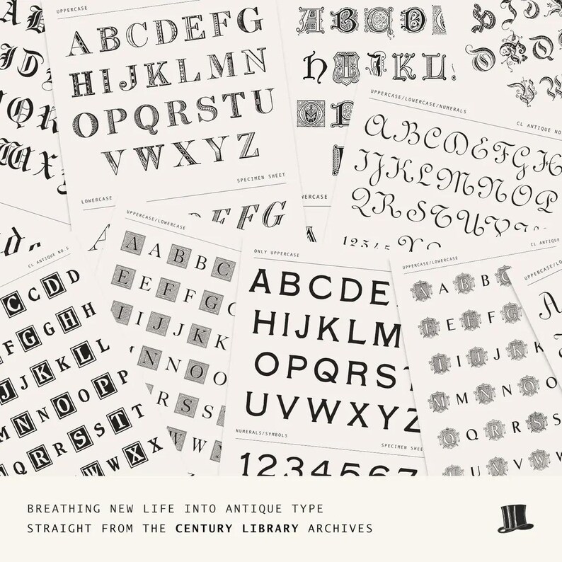 Collection of antique type specimen sheets from the Century Library archives showcasing historic lettering styles.