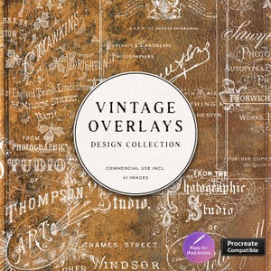 Peut inclure: Collection de design vintage sur fond de cuir marron. L'image présente des superpositions de texte blanc avec les mots "Vintage Overlays Design Collection" dans un cadre circulaire. Comprend 41 images pour un usage commercial.