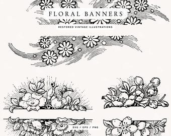 Könnte beinhalten: Schwarz-Weiß-Illustrationen von Blumenbannern. Das Bild zeigt verschiedene florale Designs im Vintage-Stil, darunter Gänseblümchen und Rosen, mit dem Text "FLORAL BANNERS" und "RESTORED VINTAGE ILLUSTRATIONS". Das Bild enthält auch SVG-, EPS- und PNG-Dateitypinformationen.