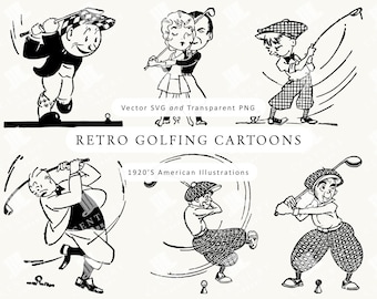 Vintage-Golf-Cliparts: Lustige Comic-Golfer (PNG, SVG) (Digitaler Download)