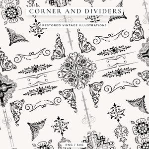 以下が含まれることがあります： 白黒のヴィンテージのコーナーとディバイダーのイラストのコレクション。画像には、花柄、スターバースト、スクロールラインなど、さまざまな装飾的なデザインが使用されており、「CORNER AND DIVIDERS」と「RESTORED VINTAGE ILLUSTRATIONS」というテキストが表示されています。