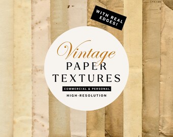 May include: A collection of vintage paper textures in various shades of beige and brown. The image features a circular logo with the words "Vintage Paper Textures" and the text "Commercial & Personal High-Resolution". A small black rectangle reads "With Real Edges!"