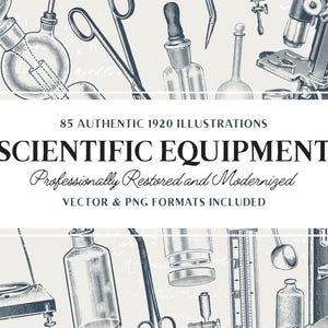 Puede incluir: Ilustración de equipos científicos antiguos, incluyendo vasos de precipitados, tubos de ensayo y un microscopio. La imagen incluye el texto "85 AUTHENTIC 1920 ILLUSTRATIONS SCIENTIFIC EQUIPMENT Professionally Restored and Modernized VECTOR & PNG FORMATS INCLUDED."