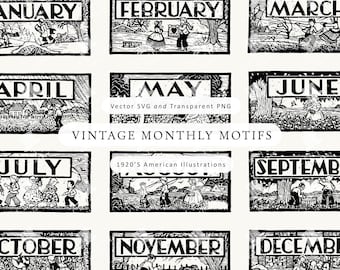 May include: Black and white vintage illustrations of monthly motifs, each featuring a different month's name. The illustrations depict scenes from the 1920s, with text that reads "Vector SVG and Transparent PNG" and "1920'S American Illustrations".
