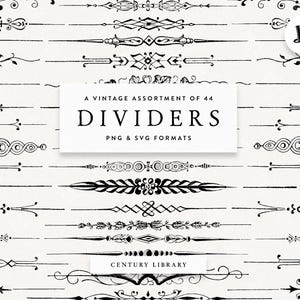 Könnte beinhalten: Eine Sammlung von 44 Vintage-Trennwänden im PNG- und SVG-Format. Die schwarz-weißen Trennwände weisen verschiedene verzierte Designs auf. Der Text auf dem Bild lautet "A VINTAGE ASSORTMENT OF 44 DIVIDERS PNG & SVG FORMATS" und "CENTURY LIBRARY".