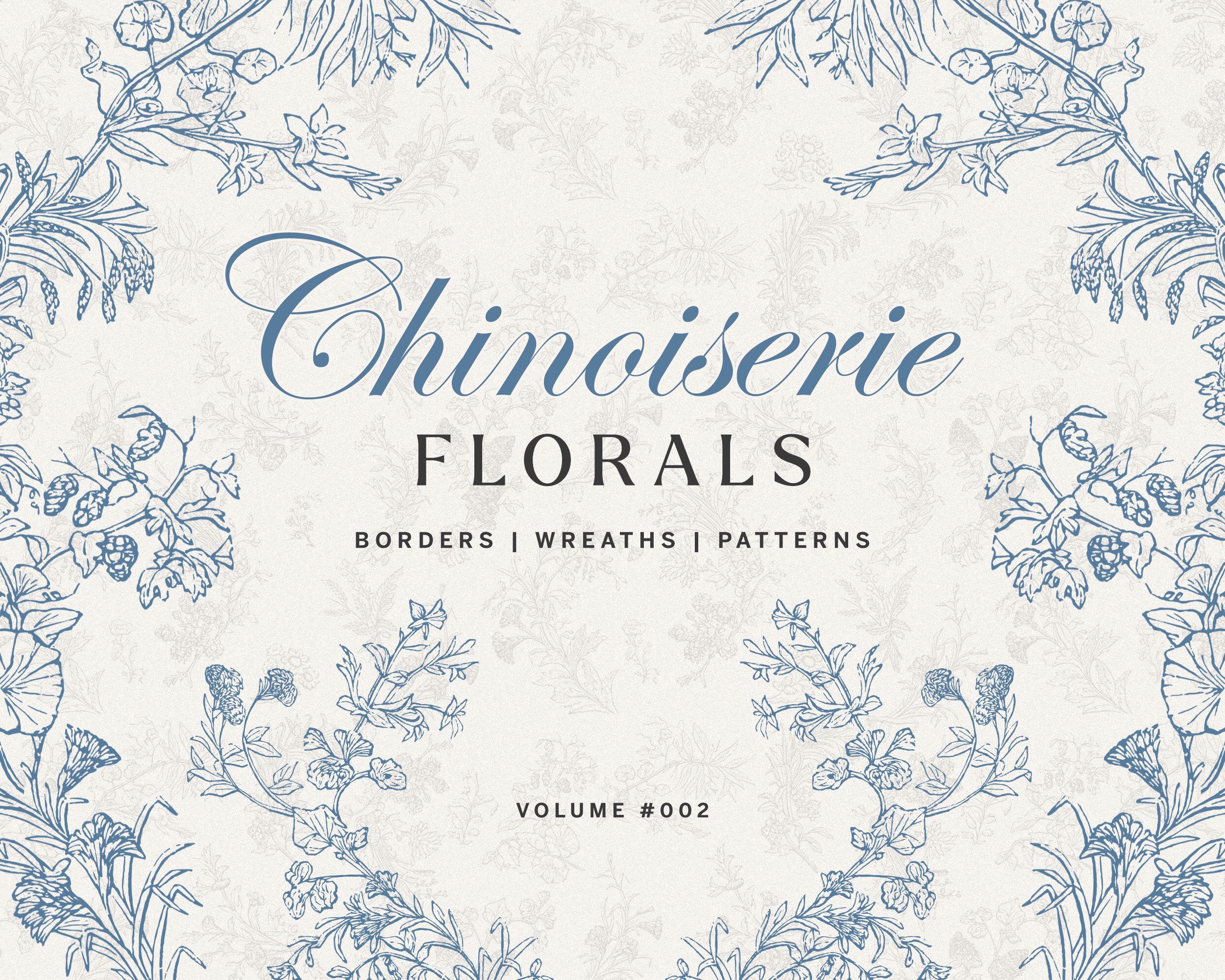 Vintage Chinoiserie Floral Clipart Bundle: Wreaths, Borders, Patterns ...