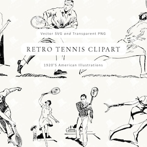 Peut inclure: Illustrations en noir et blanc de joueurs de tennis rétro en action. L'image présente plusieurs personnages en mouvement, balançant des raquettes et courant. Le texte indique "Retro Tennis Clipart" et "1920's American Illustrations."