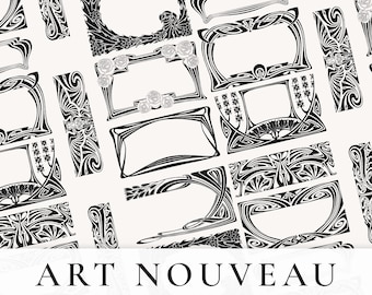 アールヌーボーのボーダー：ヴィンテージフレームクリップアート、PNG SVG（デジタルダウンロード）