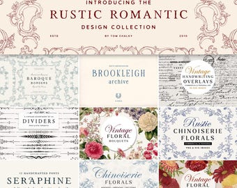 May include: A collection of digital design assets with a rustic romantic theme. The image features various design elements, including floral bouquets, borders, handwriting overlays, and fonts. Text includes "Rustic Romantic Design Collection" and "Vintage Floral Illustrations".