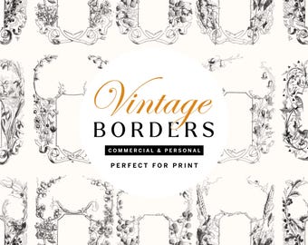 May include: An assortment of vintage-style borders with floral and botanical illustrations in black and white. The words "Vintage Borders" are displayed in gold and black, with the text "Commercial & Personal" and "Perfect for Print" below.