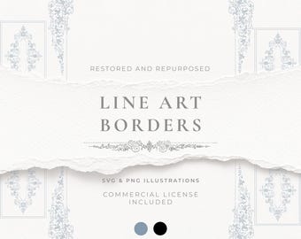 Könnte beinhalten: Digitales Kunstdesign mit verzierten, hellblauen filigranen Bordüren und Eckelementen. Der Text "RESTORED AND REPURPOSED" und "LINE ART BORDERS" wird angezeigt. Das Bild enthält auch den Text "SVG & PNG ILLUSTRATIONS" und "COMMERCIAL LICENSE INCLUDED".