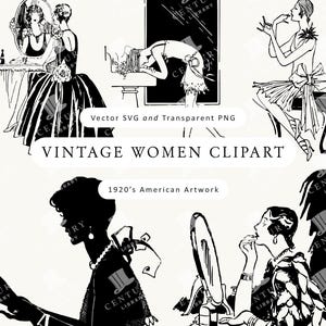 Puede incluir: Ilustraciones vintage en blanco y negro de mujeres. La imagen presenta varios dibujos de mujeres en varias poses, incluyendo maquillarse y mirarse en un espejo. El texto en la imagen dice "VINTAGE WOMEN CLIPART" y "1920's American Artwork."