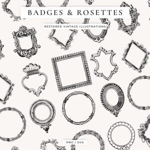Puede incluir: Una colección de insignias y rosetas de estilo vintage en blanco y negro. La imagen presenta varios marcos ornamentados, círculos y elementos decorativos, con el texto "BADGES & ROSETTES" y "RESTORED VINTAGE ILLUSTRATIONS".