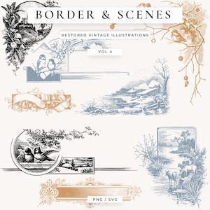Puede incluir: Una colección de ilustraciones vintage con bordes y escenas. Los diseños incluyen pájaros, paisajes y elementos decorativos en tonos azules, dorados y negros. El texto "BORDER & SCENES" y "RESTORED VINTAGE ILLUSTRATIONS VOL 4" es visible.