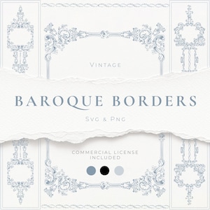 May include: A digital design featuring baroque borders in light blue. The text "VINTAGE" is above the main title "BAROQUE BORDERS SVG & PNG". The phrase "COMMERCIAL LICENSE INCLUDED" is also present, along with color swatches.