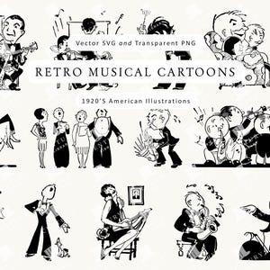 May include: Black and white retro musical cartoons from the 1920s. The image features various illustrations of musicians playing instruments, singing, and dancing. The text reads "Retro Musical Cartoons" and "1920's American Illustrations."