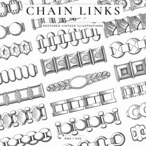Puede incluir: Ilustración en blanco y negro de varios diseños de eslabones de cadena. La imagen presenta una variedad de estilos de eslabones de cadena vintage, incluyendo formas ovaladas, rectangulares y geométricas. El texto en la parte superior dice "CHAIN LINKS" y "RESTORED VINTAGE ILLUSTRATIONS".