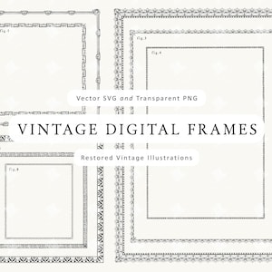 May include: A collection of vintage digital frames in black and white, featuring various ornate border designs. The image includes the text "VINTAGE DIGITAL FRAMES" and "Restored Vintage Illustrations".