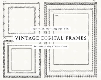 May include: A collection of vintage digital frames in black and white, featuring various ornate border designs. The image includes the text "VINTAGE DIGITAL FRAMES" and "Restored Vintage Illustrations".