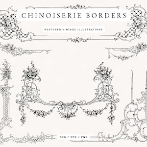 May include: Black and white vintage illustrations of Chinoiserie borders. The image features various ornate decorative elements, including floral designs, scrollwork, and geometric patterns. Text reads "Chinoiserie Borders" and "Restored Vintage Illustrations".