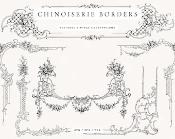 Cornici e bordi in stile Chinoiserie: elementi di design vintage e decorati (EPS, SVG, PNG)