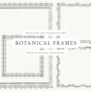 Puede incluir: Una colección de marcos botánicos en blanco y negro de varias formas y tamaños. Los marcos presentan intrincados diseños florales y ornamentales, con el texto "BOTANICAL FRAMES" y "Restored Vintage Illustrations". La imagen es un SVG vectorial y PNG transparente.