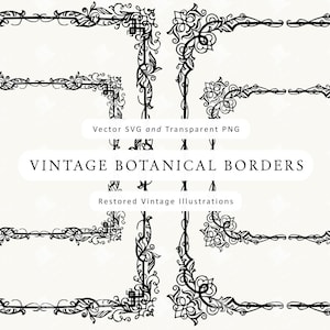 May include: A collection of black vintage botanical borders in various shapes and sizes. The borders feature intricate floral and leaf designs, perfect for adding an elegant touch to any project. The text in the image reads "Vintage Botanical Borders" and "Restored Vintage Illustrations."