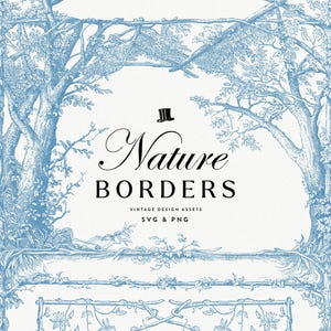 Puede incluir: Imagen en azul y blanco con bordes temáticos de la naturaleza. El texto dice "Nature Borders" con un icono de sombrero de copa, y "Vintage Design Assets SVG & PNG". Los bordes muestran ilustraciones detalladas de árboles y follaje.