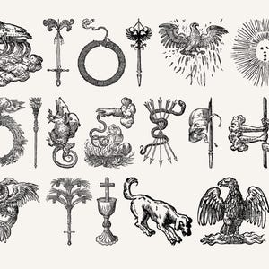 Antique occult and alchemy illustrations with skulls, eagles, and radiant suns drawn in intricate 16th-century engraving style.
