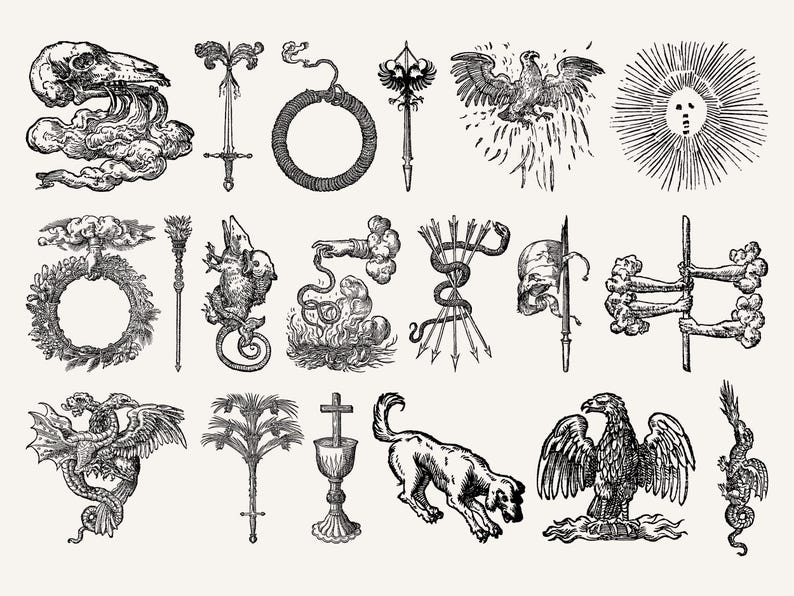 Antique occult and alchemy illustrations with skulls, eagles, and radiant suns drawn in intricate 16th-century engraving style.