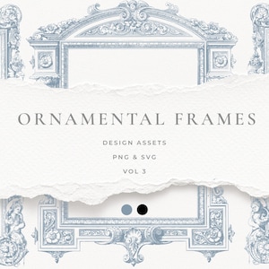 May include: An image featuring ornate, light blue frames with intricate detailing. The text "ORNAMENTAL FRAMES" is displayed prominently, along with "DESIGN ASSETS PNG & SVG VOL 3". The design has a vintage aesthetic.