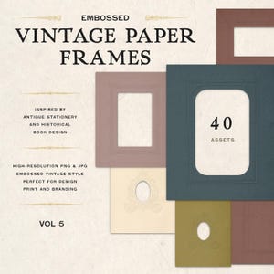 May include: An assortment of embossed vintage paper frames in various colors, including brown, blue, and beige. The image features the text "VINTAGE PAPER FRAMES" and "40 ASSETS". Inspired by antique stationery and historical book design.