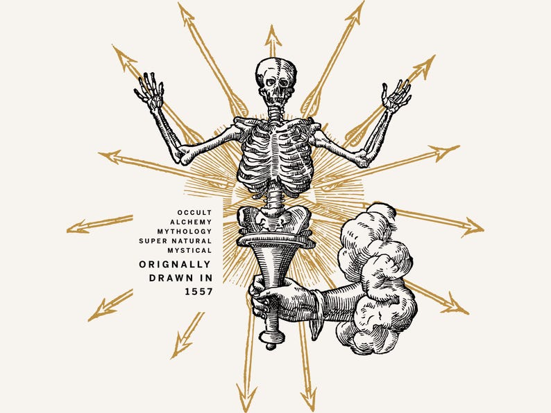 Vintage skeleton illustration with golden rays symbolizing mysticism, alchemy, and transformation.