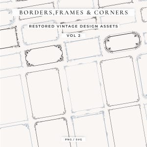 May include: A collection of vintage-style borders, frames, and corners in various designs. The image features rectangular and oval frames with ornate corner details, in black and light blue. Text includes "Borders, Frames & Corners," "Restored Vintage Design Assets," and "Vol 2."