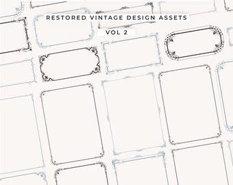 May include: A collection of vintage-style borders, frames, and corners in various designs. The image features rectangular and oval frames with ornate corner details, in black and light blue. Text includes "Borders, Frames & Corners," "Restored Vintage Design Assets," and "Vol 2."