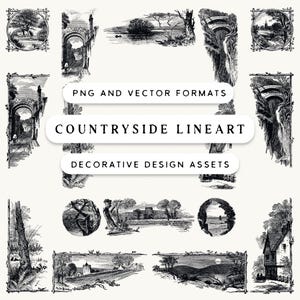 May include: A collection of black and white countryside line art illustrations in PNG and vector formats. The designs include various scenes such as landscapes, arches, trees, and buildings, suitable for decorative design assets.