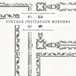 Puede incluir: Una colección de bordes de invitación vintage en blanco y negro. La imagen incluye varios diseños ornamentados, incluidos patrones florales y de volutas, con el texto "VINTAGE INVITATION BORDERS" y "Restored Vintage Illustrations".
