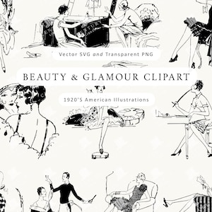 以下が含まれることがあります： 様々なポーズをとる女性と男性の白黒イラストで、美しさと魅力を表現しています。「BEAUTY & GLAMOUR CLIPART」と「1920'S AMERICAN ILLUSTRATIONS」の文字も表示されています。