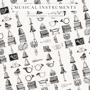 Könnte beinhalten: Schwarz-Weiß-Illustrationen verschiedener Musikinstrumente, darunter Klaviere, Glocken, Trompeten und Violinen, auf cremefarbenem Hintergrund. Der Text lautet "MUSICAL INSTRUMENTS" und "RESTORED VINTAGE ILLUSTRATIONS".