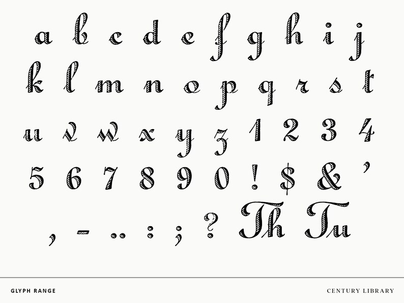 Lowercase alphabet, numerals, and punctuation in a restored crosshatched script font.
