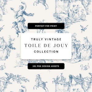 Può includere: Una collezione di design digitale con un motivo Toile de Jouy blu e bianco. Il design include illustrazioni di figure, animali ed elementi architettonici. Il testo sull'immagine recita "TRULY VINTAGE TOILE DE JOUY COLLECTION" e "101 PNG DESIGN ASSETS".