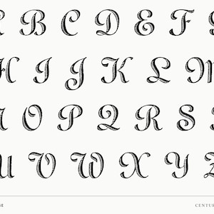 Uppercase crosshatched script alphabet with engraved shading and antique flourishes.