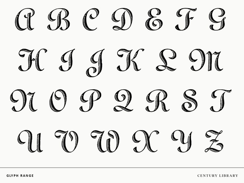 Uppercase crosshatched script alphabet with engraved shading and antique flourishes.