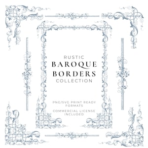 Puede incluir: Colección de bordes barrocos y elementos decorativos en azul claro sobre fondo blanco. Se muestra el texto "RUSTIC BAROQUE BORDERS COLLECTION", junto con información de formato y licencia. Ideal para proyectos de diseño digital.