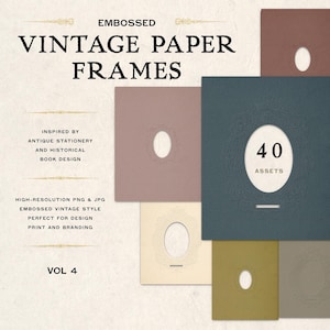 Może przedstawiać: Kolekcja wytłaczanych, zabytkowych ramek papierowych w różnych kolorach, w tym w odcieniach pudrowego różu, granatu i oliwkowej zieleni. Ramki mają owalne wycięcia i ozdobne obramowania. Tekst na obrazie brzmi "Vintage Paper Frames" i "40 Assets."