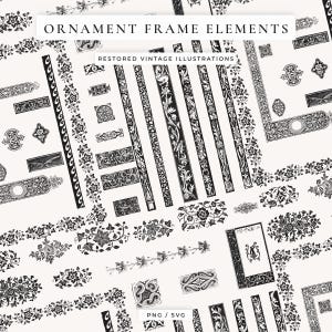 Puede incluir: Elementos de marco de adorno vintage en blanco y negro. La imagen presenta varios bordes decorativos, marcos y diseños florales. El texto en la parte superior dice "ORNAMENT FRAME ELEMENTS" y "RESTORED VINTAGE ILLUSTRATIONS". El texto inferior dice "PNG / SVG".