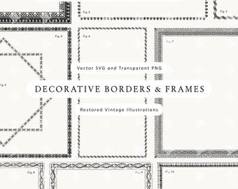 May include: A collection of black and white decorative borders and frames, including geometric and floral designs. The image includes the text "DECORATIVE BORDERS & FRAMES" and "Restored Vintage Illustrations."