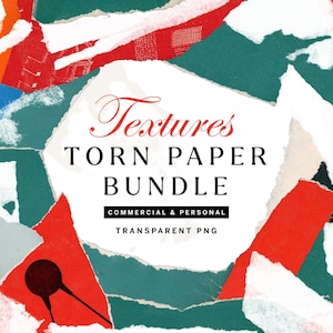Op de afbeelding: Een collage van gescheurde papieren stukken in rood, wit, blauw en groen. De tekst "Textures TORN PAPER BUNDLE" wordt weergegeven in rood en zwart, met daaronder "COMMERCIAL & PERSONAL" en "TRANSPARENT PNG".